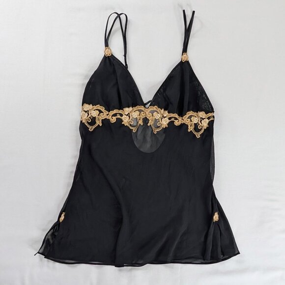VTG Black Gold Floral Lace Keyhole Open Back Sleeveless Nighty Slip Gown - Picture 1 of 6